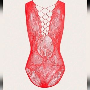 New red fishnet bodysuit lingerie teddy